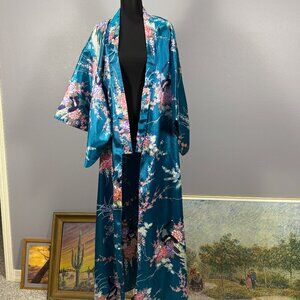 Kimono - w/ Peacocks Blue Satin or Satin like Fabric